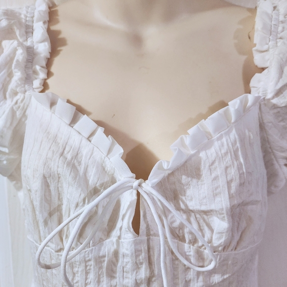 ZARA Sweetheart Neck Puff Sleeve Ruch Frill Trim Tie Front Mini Dress - Picture 5 of 8